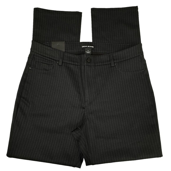 DKNY Womens Large Black Pin Stripe Pull on Ponte Pants Chino New - Picture 1 of 9